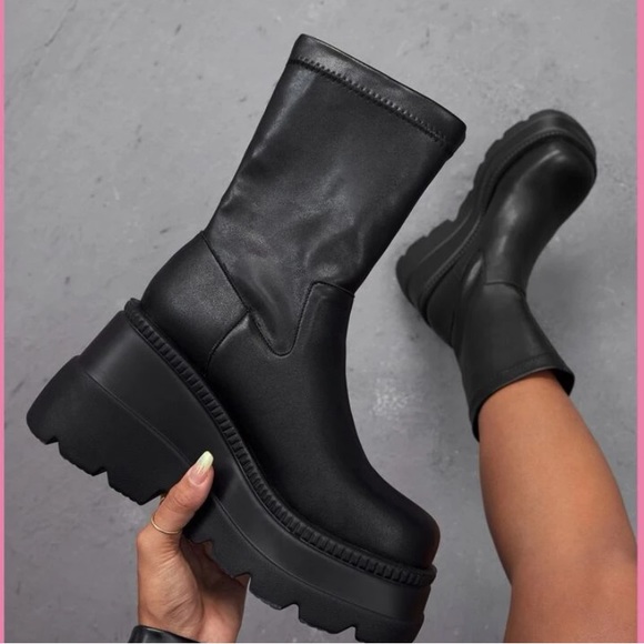 NEW Square Toe Chunky Wedge Sole Platform Slip On Sock Half Calf Bootie Boots - Picture 3 of 7